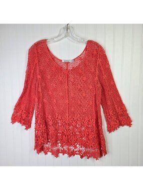 Le Dor Crochet Tunic Top Womens Medium Pink Floral Lace Sheer Boho Summer Resort